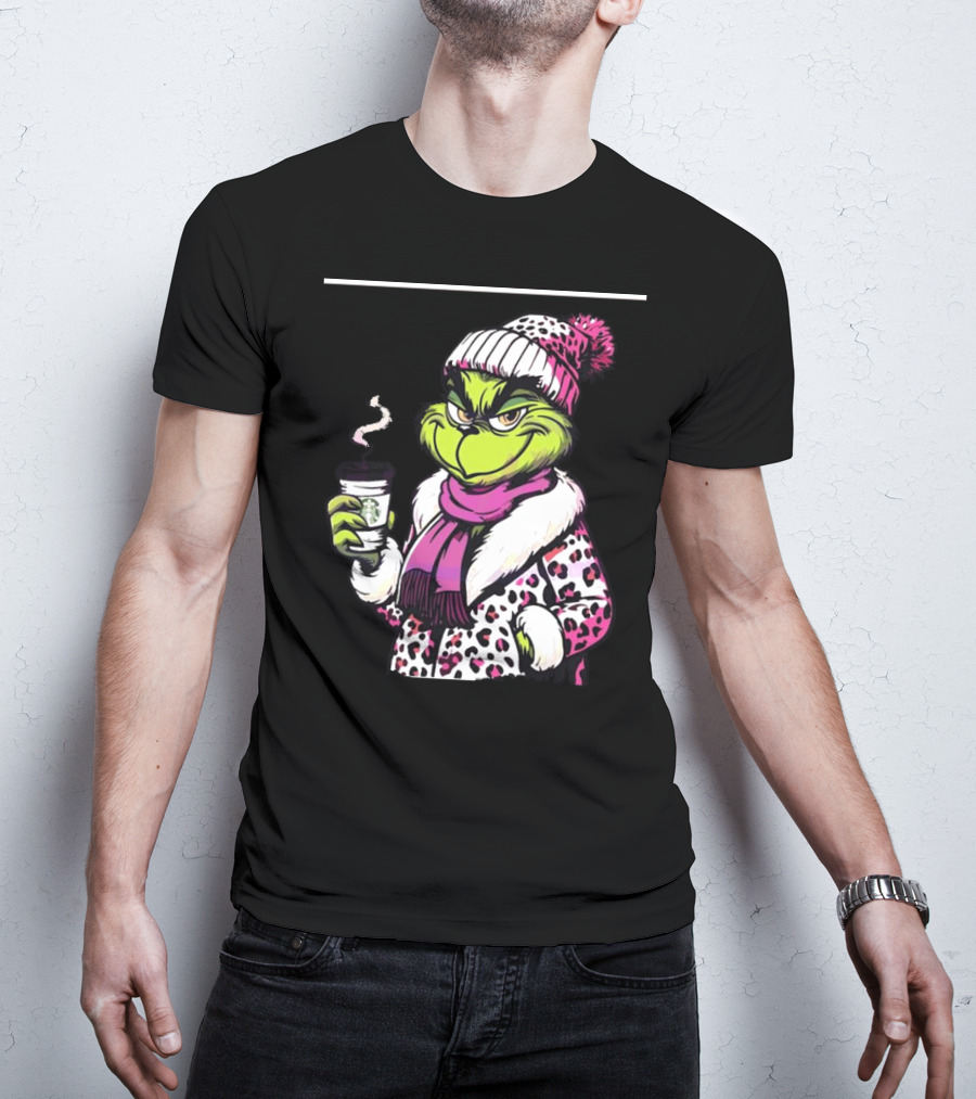 Grinchy And Bougie In Pink Leopard With Coffee Cup T-Shirt