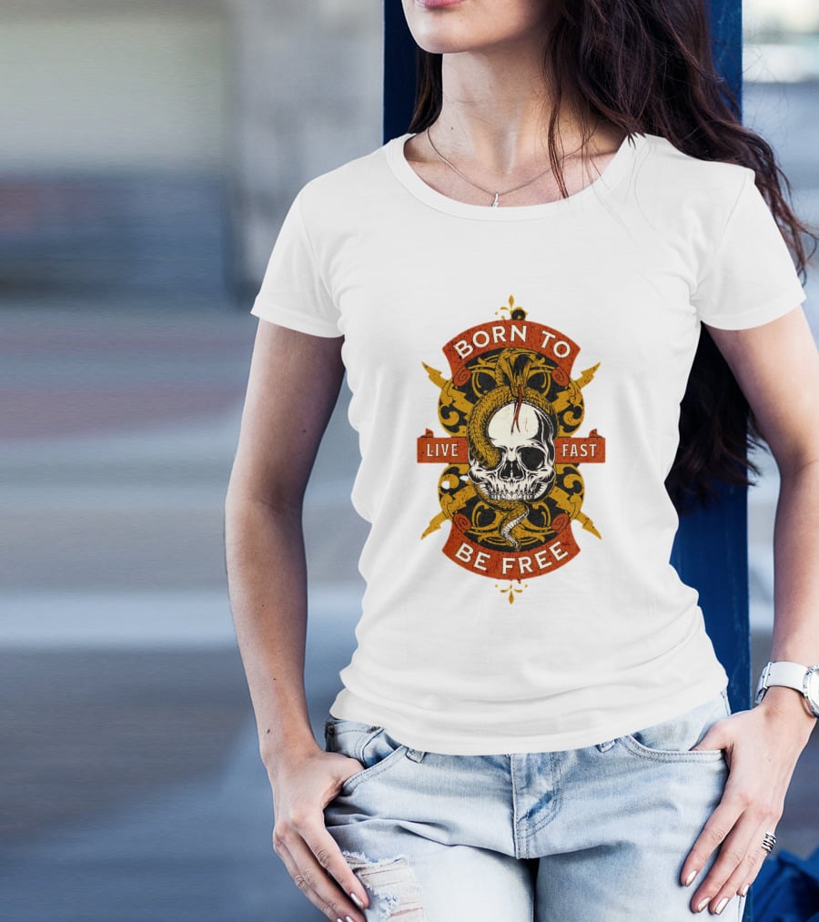 Born To Be Free Live Fast Skull With Snake And Ornate T-Shirt
