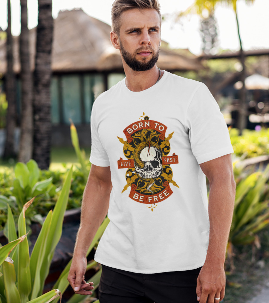 Born To Be Free Live Fast Skull With Snake And Ornate T-Shirt