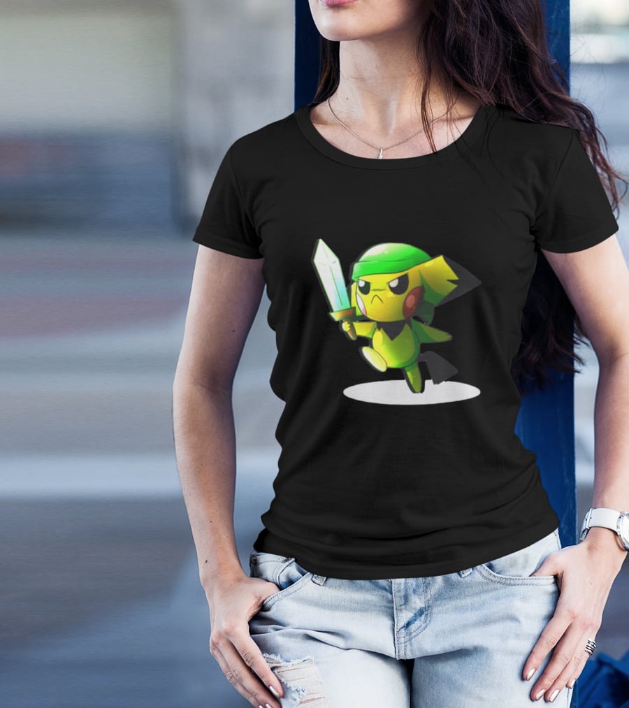 Pikachu Dressed As Link From The Legend Of Zelda With Sword In Hand T-Shirt