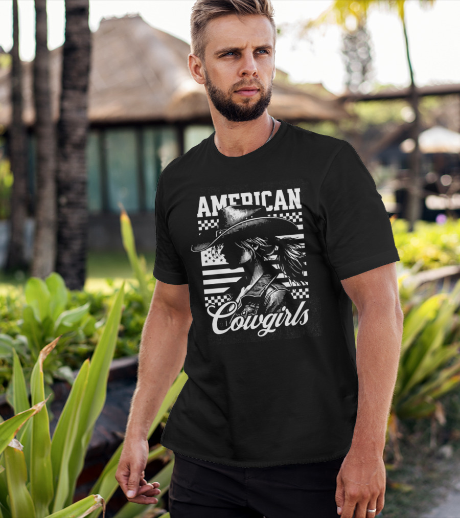American Cowgirls Vintage Western Style Cowboy Hat Retro Flag T-Shirt