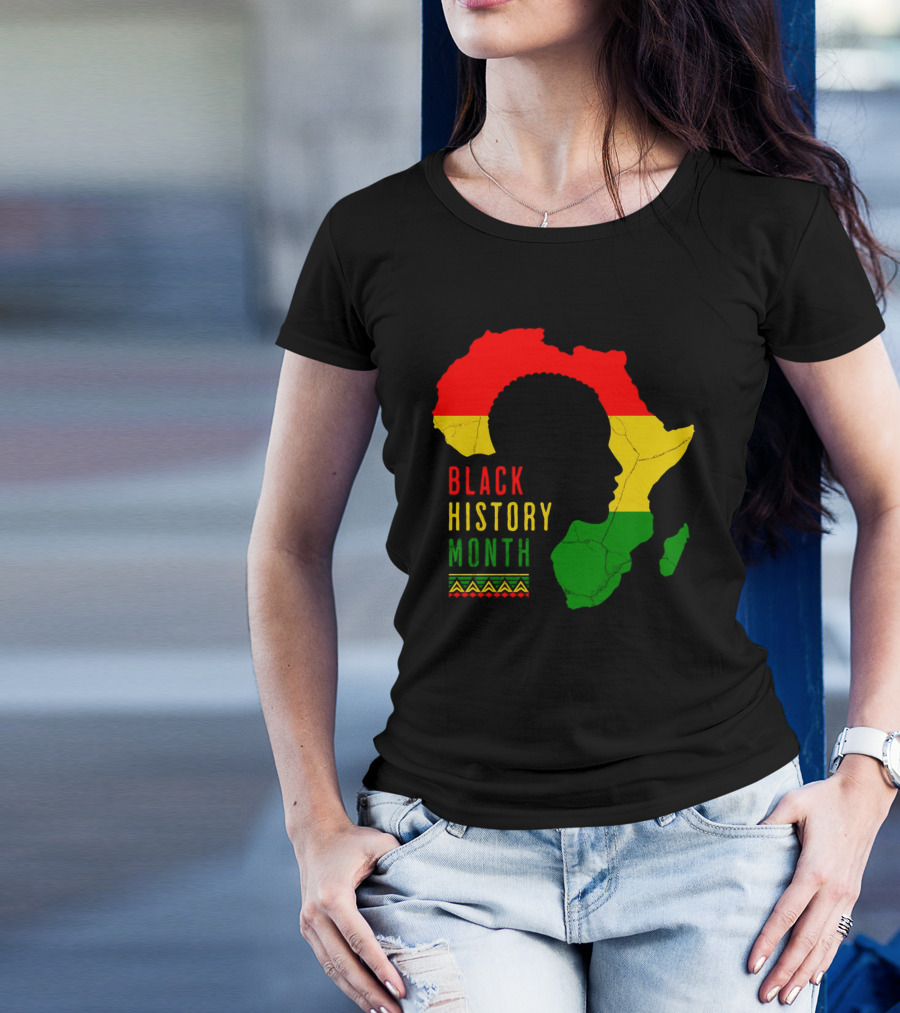 Black History Month African Continent Map With Red Yellow Green Colors And Afro T-Shirt