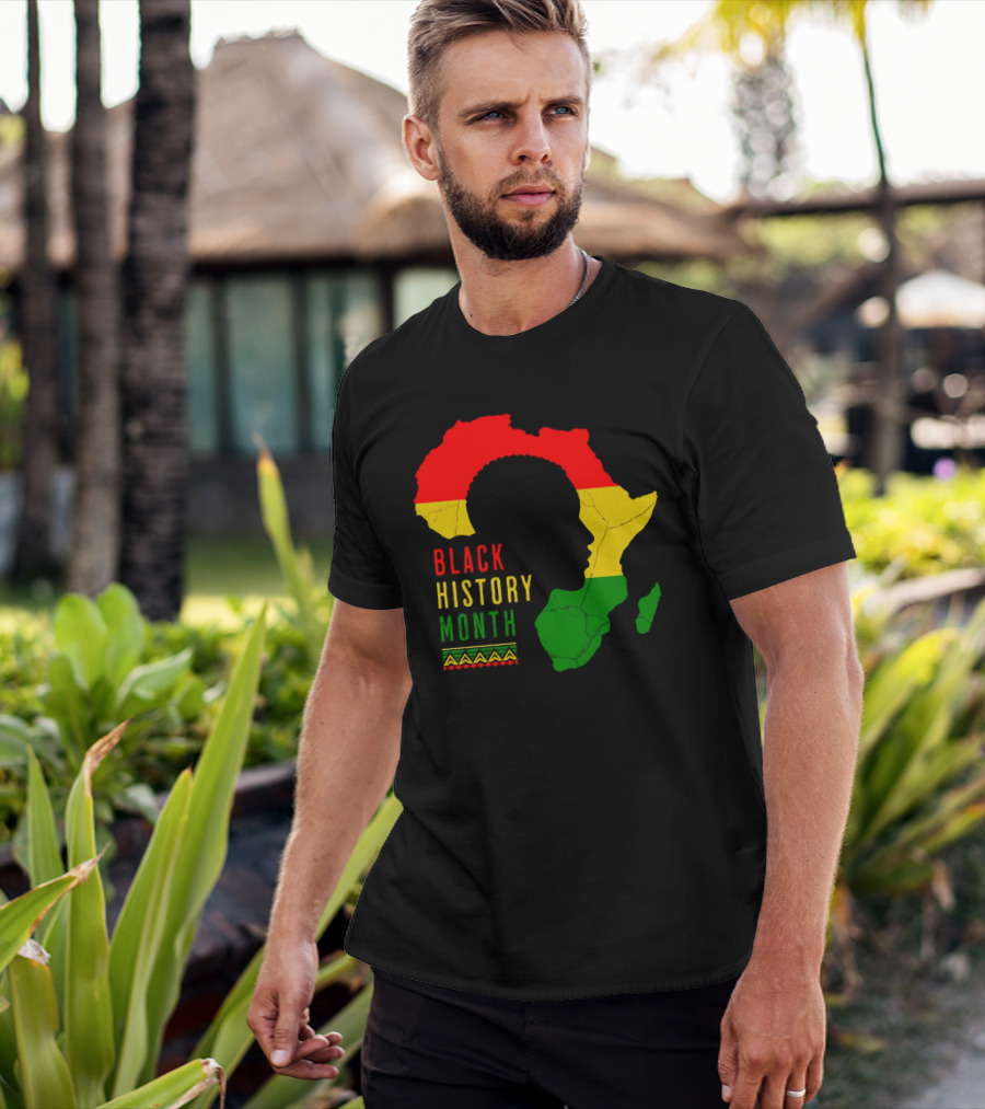 Black History Month African Continent Map With Red Yellow Green Colors And Afro T-Shirt