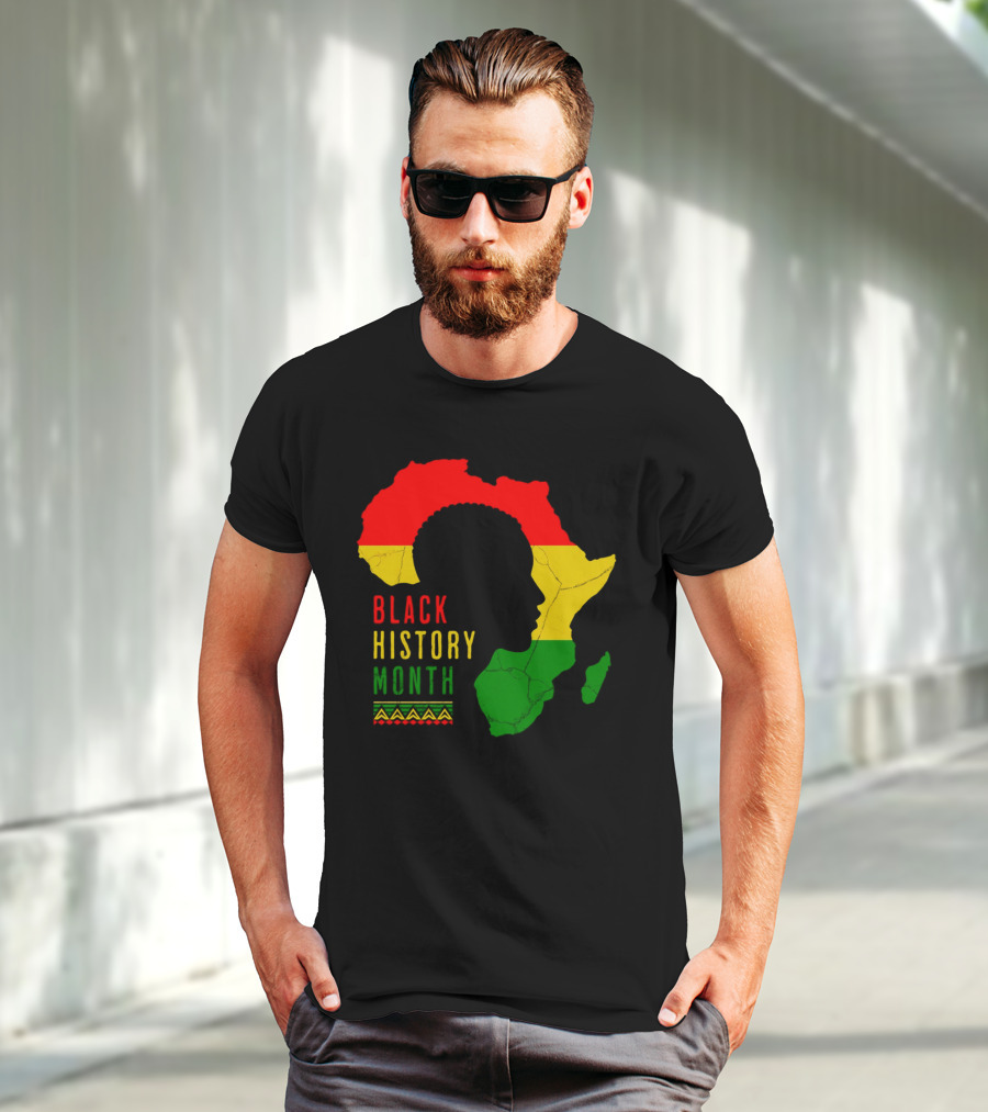 Black History Month African Continent Map With Red Yellow Green Colors And Afro T-Shirt