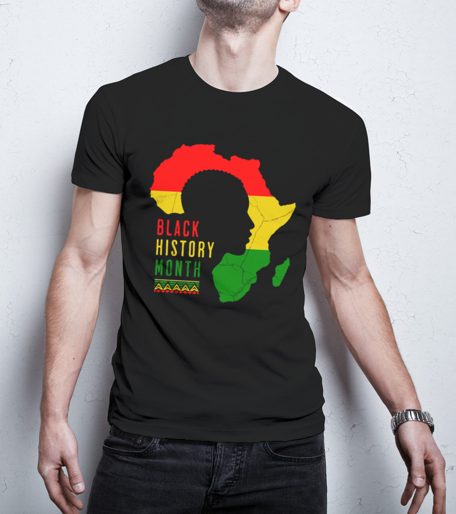 Black History Month African Continent Map With Red Yellow Green Colors And Afro T-Shirt