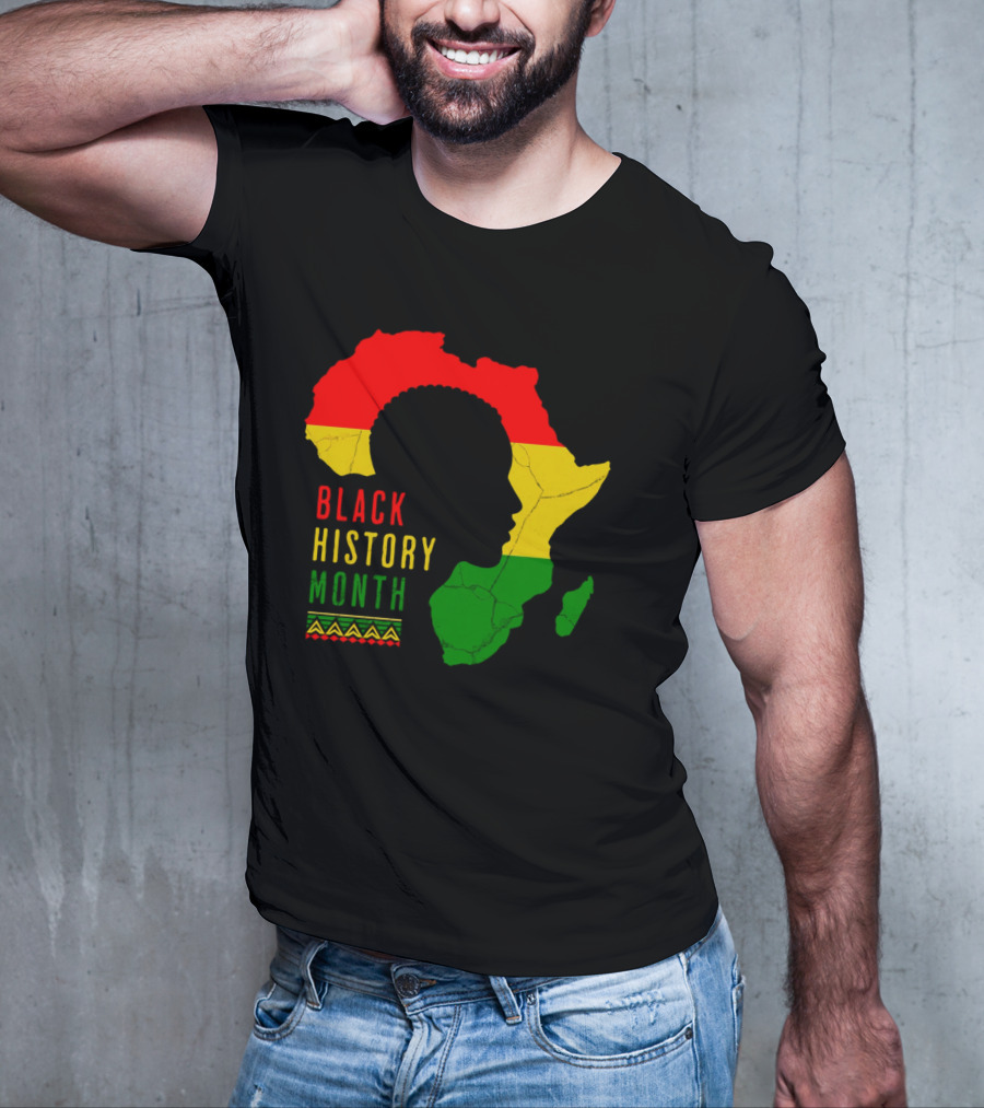 Black History Month African Continent Map With Red Yellow Green Colors And Afro T-Shirt