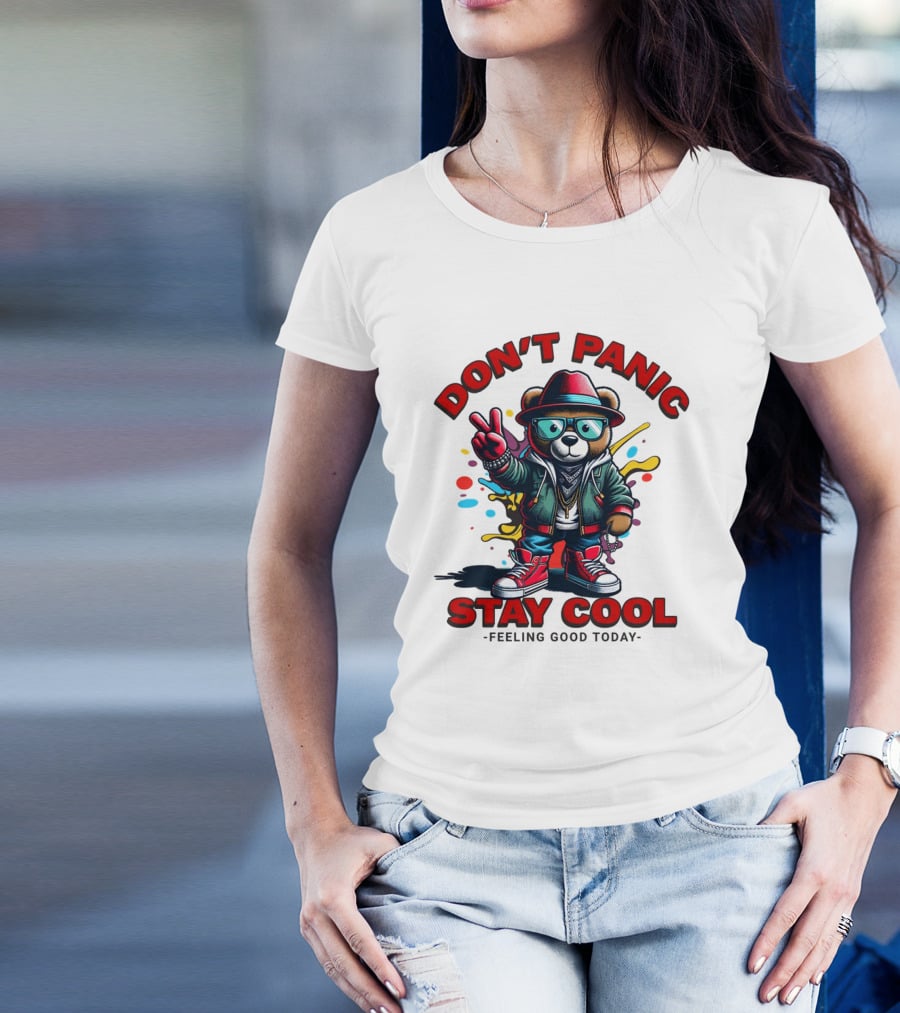 Don't Panic Stay Cool Feeling Good Today Bear With Peace Sign T-Shirt