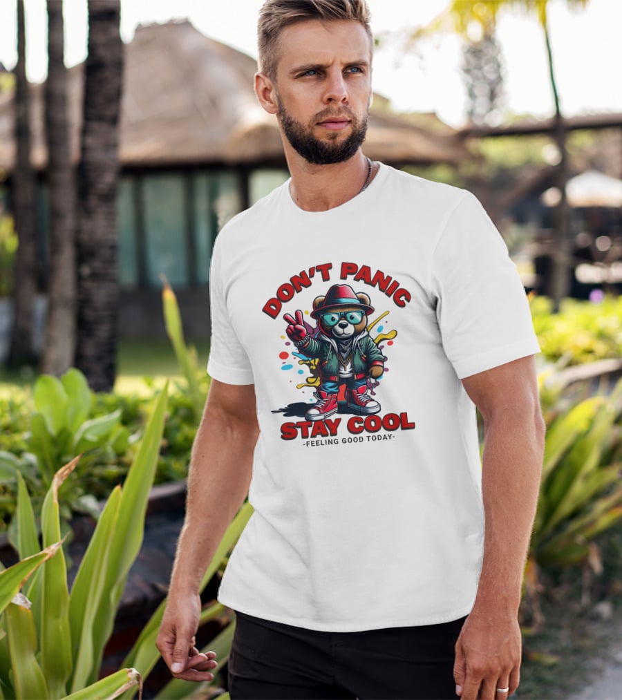 Don't Panic Stay Cool Feeling Good Today Bear With Peace Sign T-Shirt
