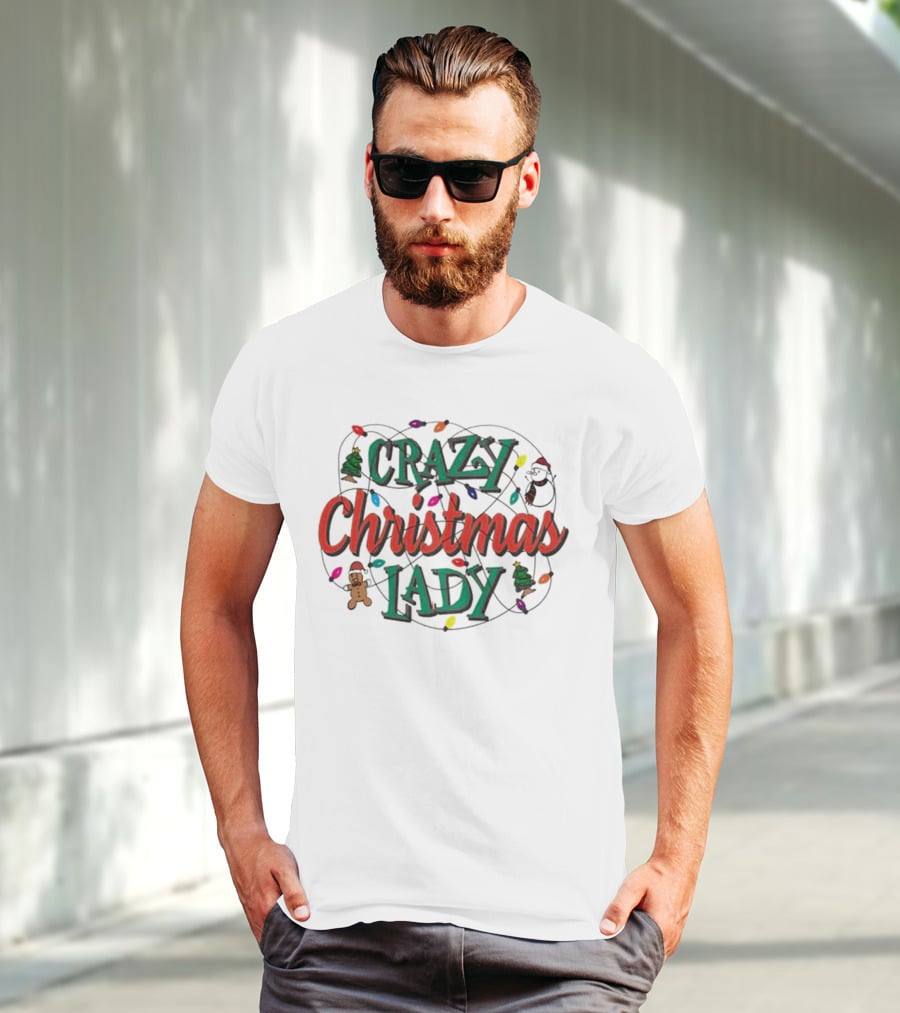 Crazy Christmas Lady Lights Gingerbread Tree Stocking T-Shirt