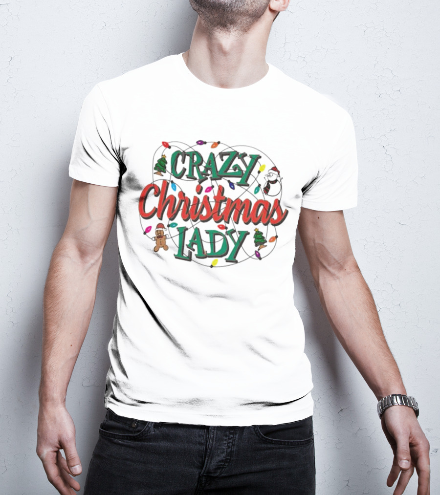 Crazy Christmas Lady Lights Gingerbread Tree Stocking T-Shirt