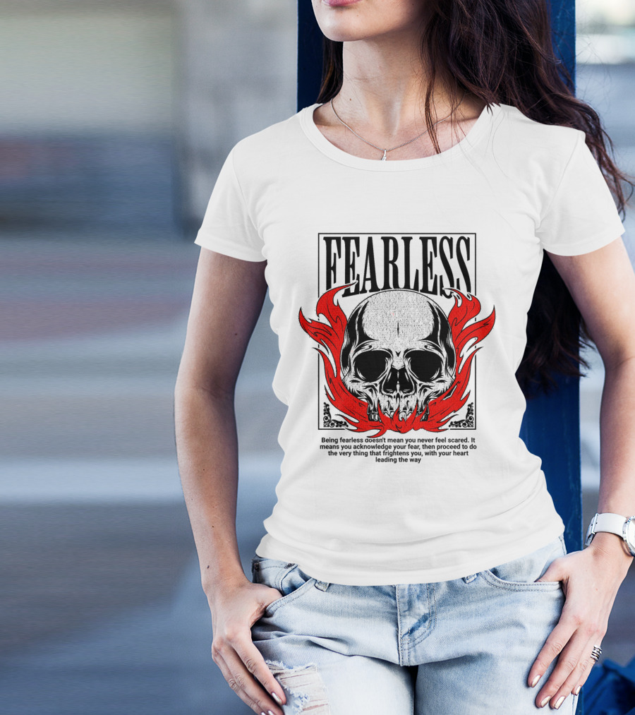 FEARLESS Skull With Red Flames Street Wear T-Shirt