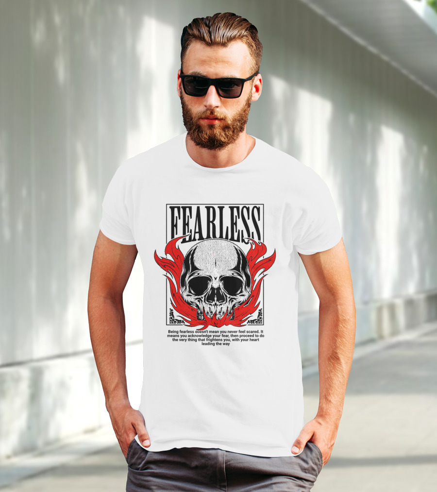 FEARLESS Skull With Red Flames Street Wear T-Shirt