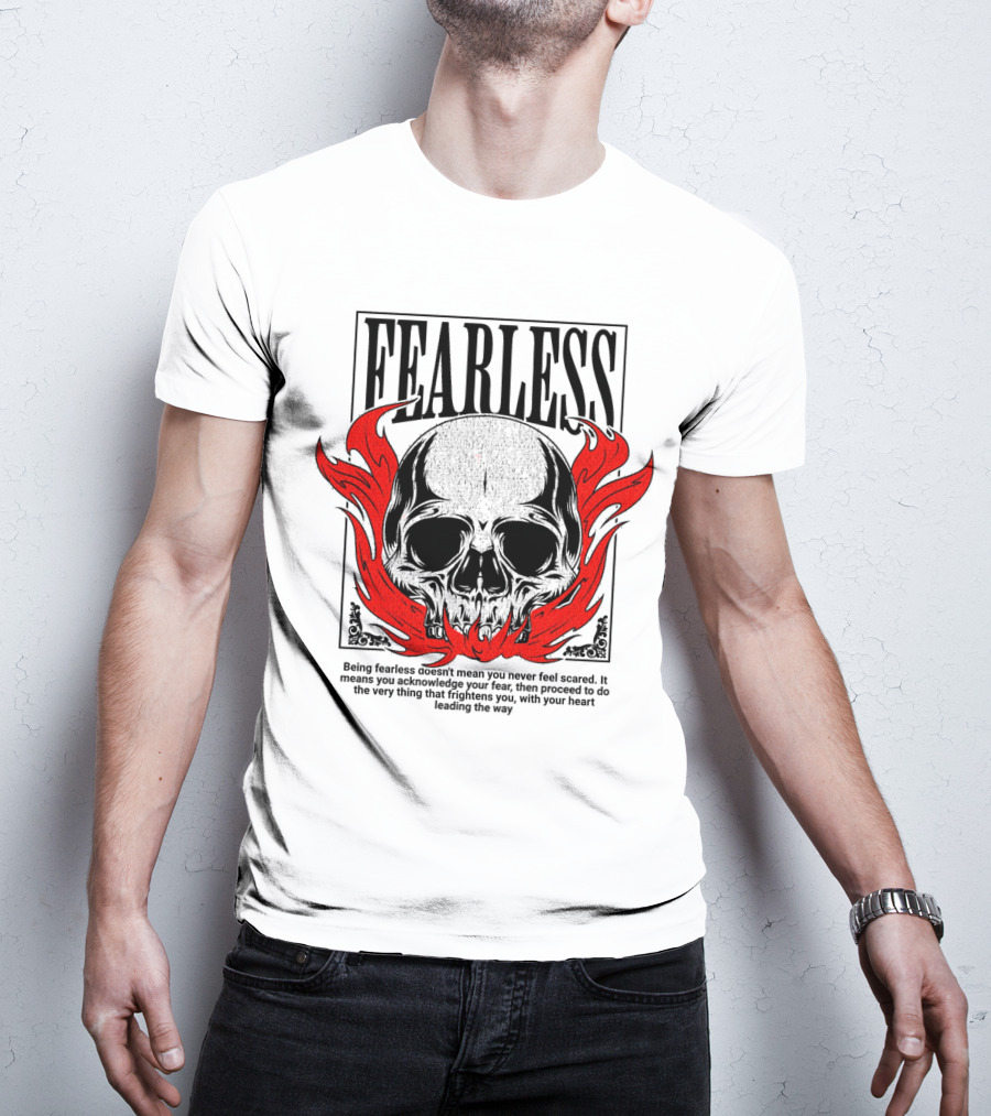 FEARLESS Skull With Red Flames Street Wear T-Shirt