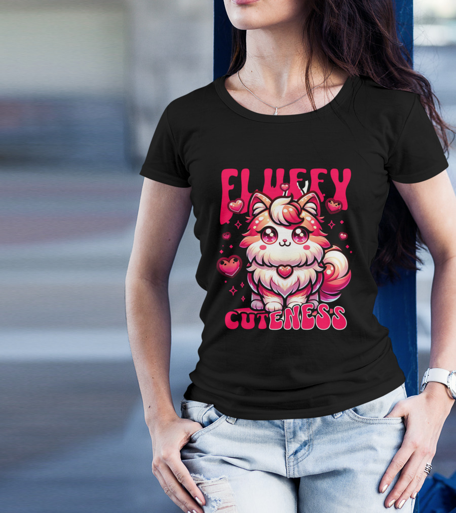 FLUFFY CUTENESS Heart-Eyed Kawaii Creature Surrounded By Little Hearts T-Shirt