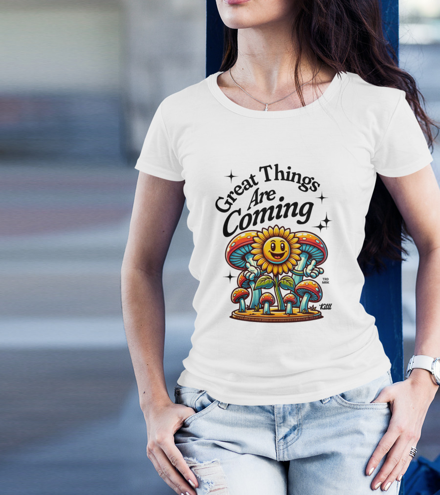 Great Things Are Coming Sunflower With Colorful Mushrooms And Stars T-Shirt