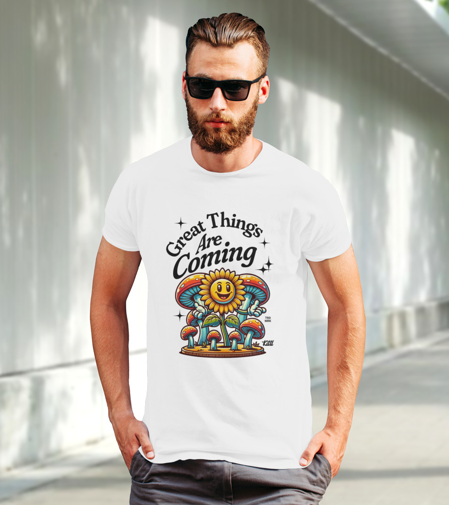 Great Things Are Coming Sunflower With Colorful Mushrooms And Stars T-Shirt