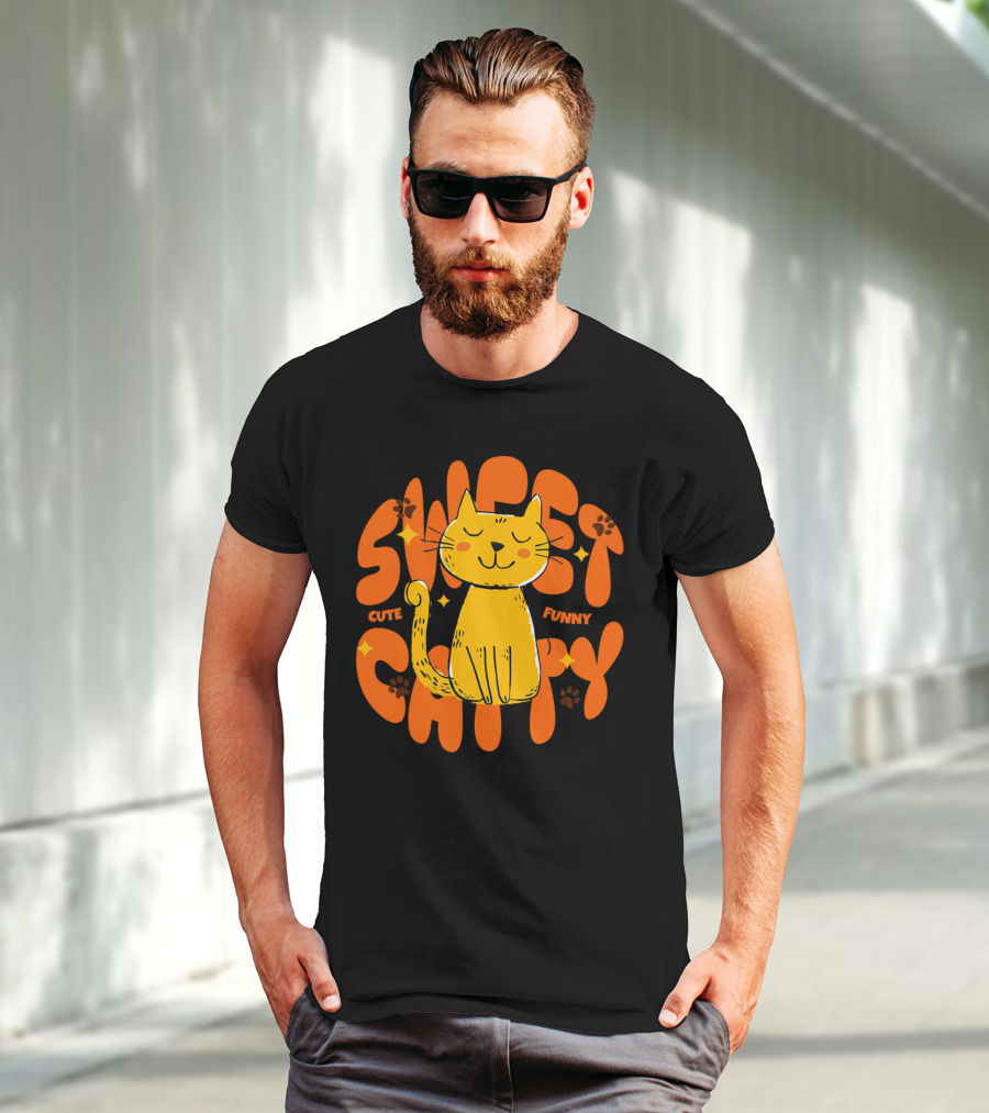 Cute Funny Sweet Cat Happy Yellow Cat With Paw Prints T-Shirt