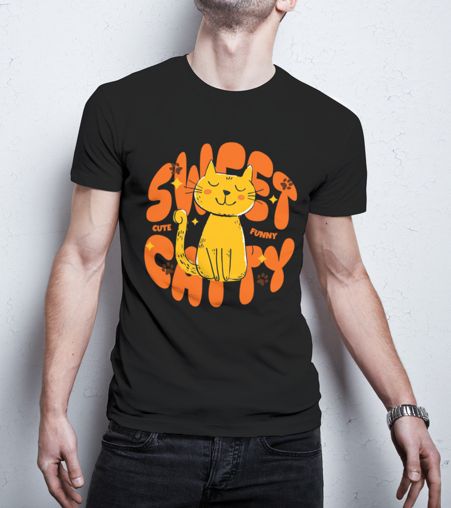 Cute Funny Sweet Cat Happy Yellow Cat With Paw Prints T-Shirt