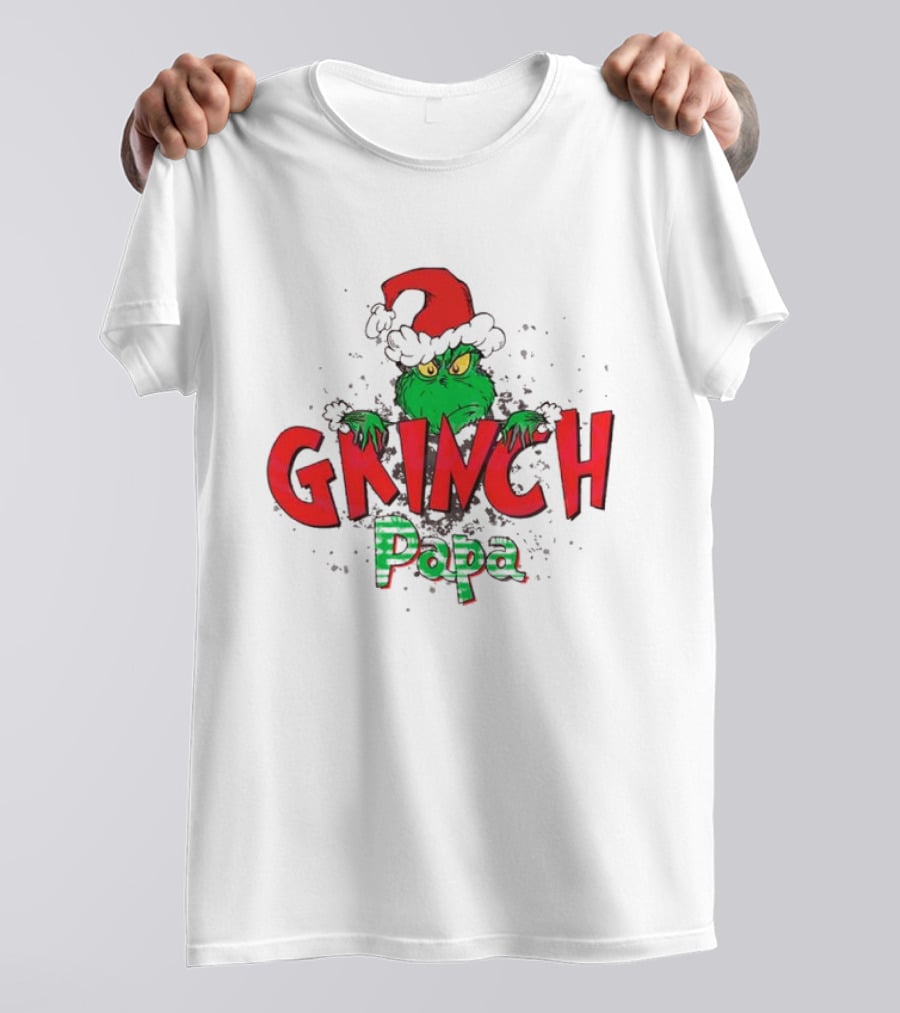 Grinch Christmas Papa Theme With Santa Hat T-Shirt