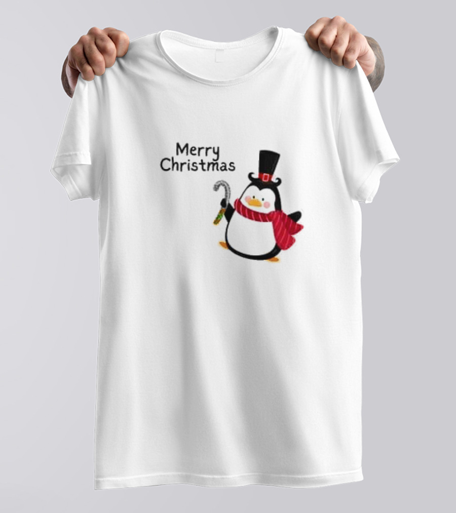 Merry Christmas Penguin With Candy Cane And Top Hat T-Shirt