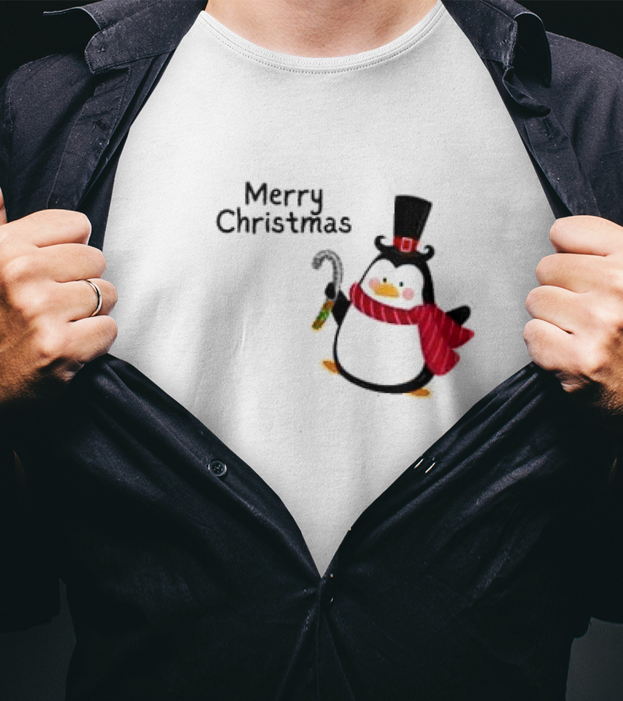 Merry Christmas Penguin With Candy Cane And Top Hat T-Shirt