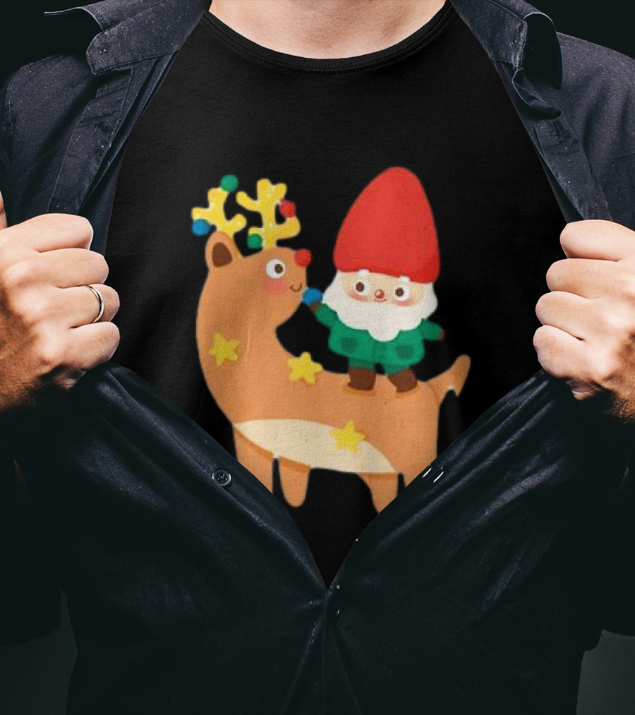 Cute Christmas Reindeer With Santa Riding T-Shirt