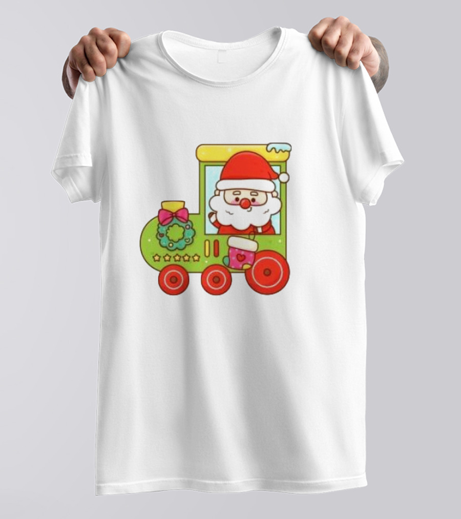 Santa Cute Christmas Train With Wreath And Stars T-Shirt