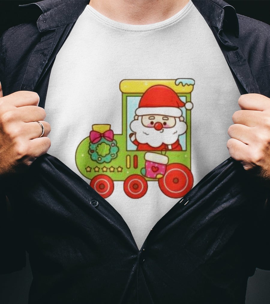 Santa Cute Christmas Train With Wreath And Stars T-Shirt