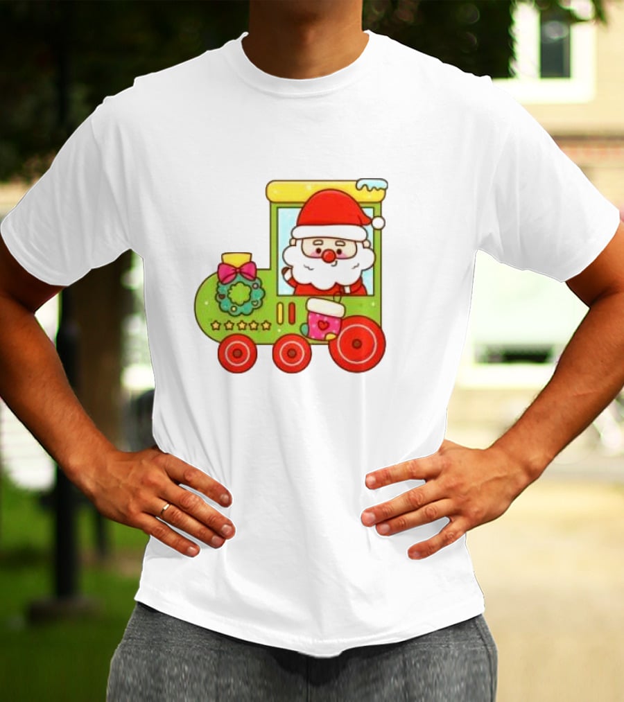 Santa Cute Christmas Train With Wreath And Stars T-Shirt