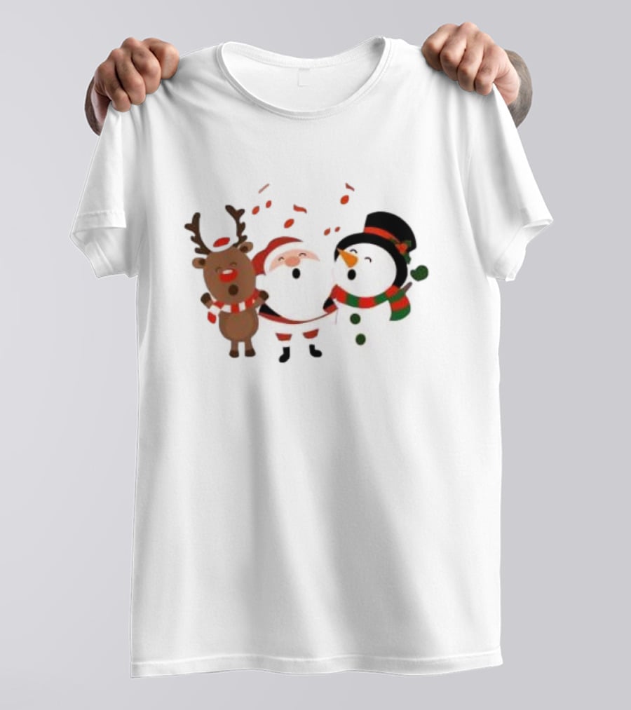 Santa Reindeer And Snowman Singing Christmas Carols Together T-Shirt