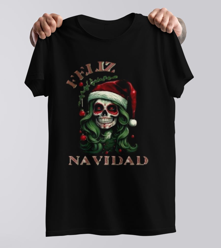 Feliz Navidad Skull Santa Hat Merry Christmas T-Shirt