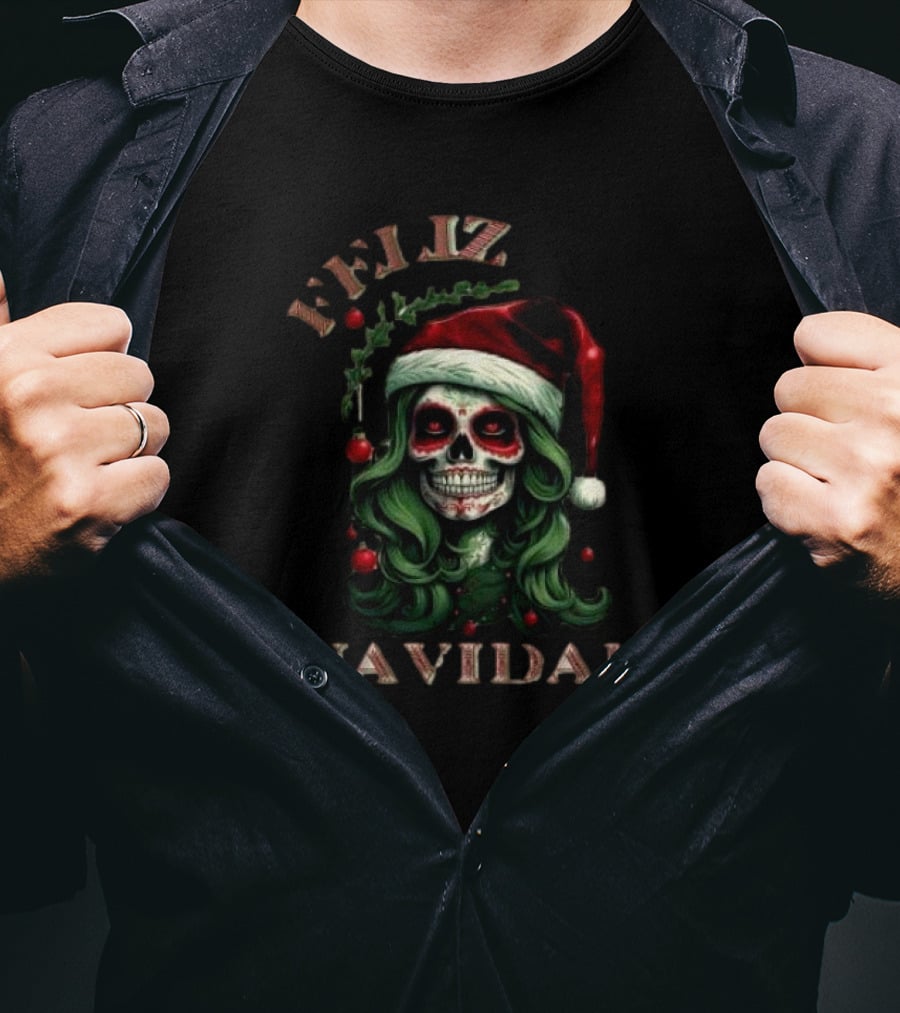 Feliz Navidad Skull Santa Hat Merry Christmas T-Shirt