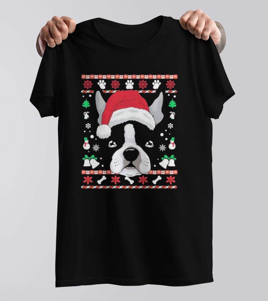 Ugly Christmas Boston Terrier In Santa Hat With Snowflakes And Paw Prints T-Shirt