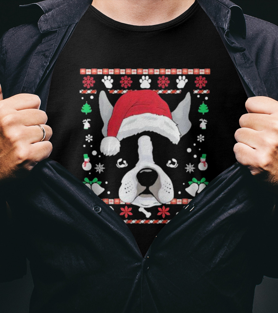 Ugly Christmas Boston Terrier In Santa Hat With Snowflakes And Paw Prints T-Shirt