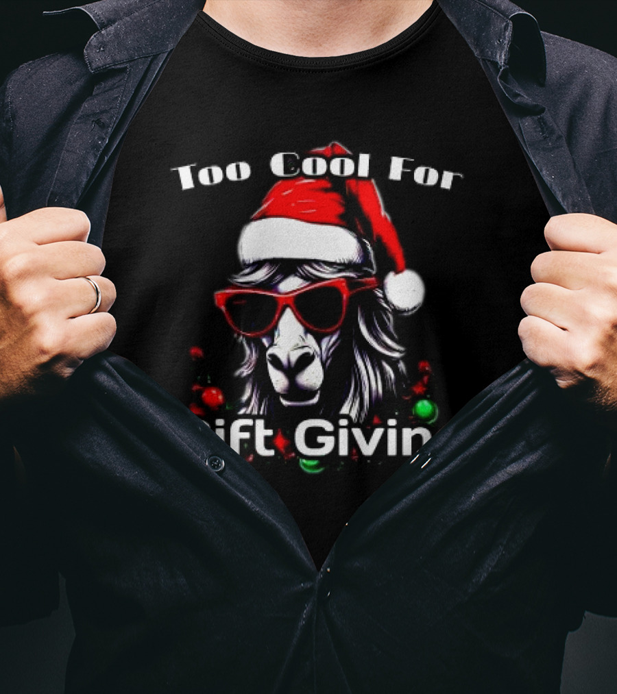 Too Cool For Gift Giving Unicorn Christmas Santa Hat Sunglasses T-Shirt