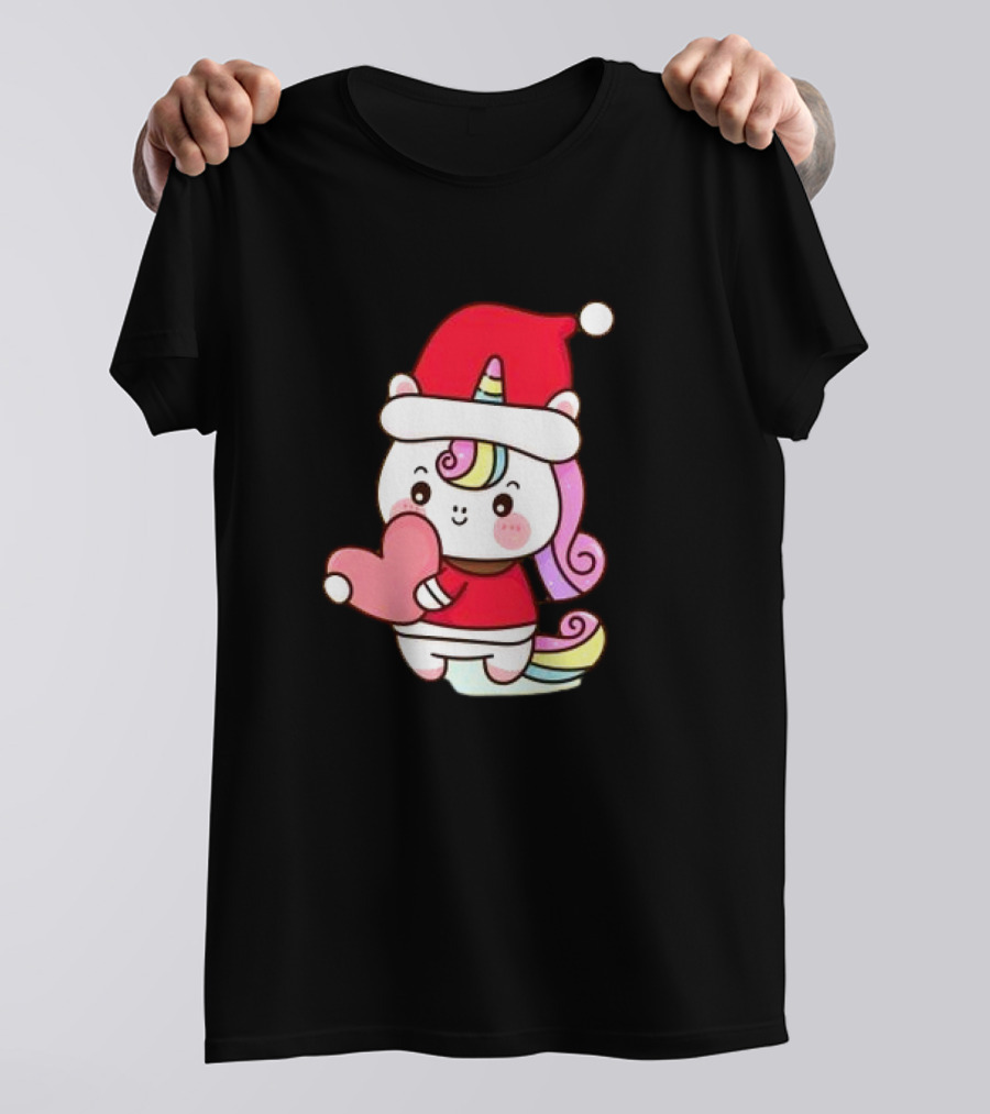 Unicorn Santa Hat Heart Christmas T-Shirt