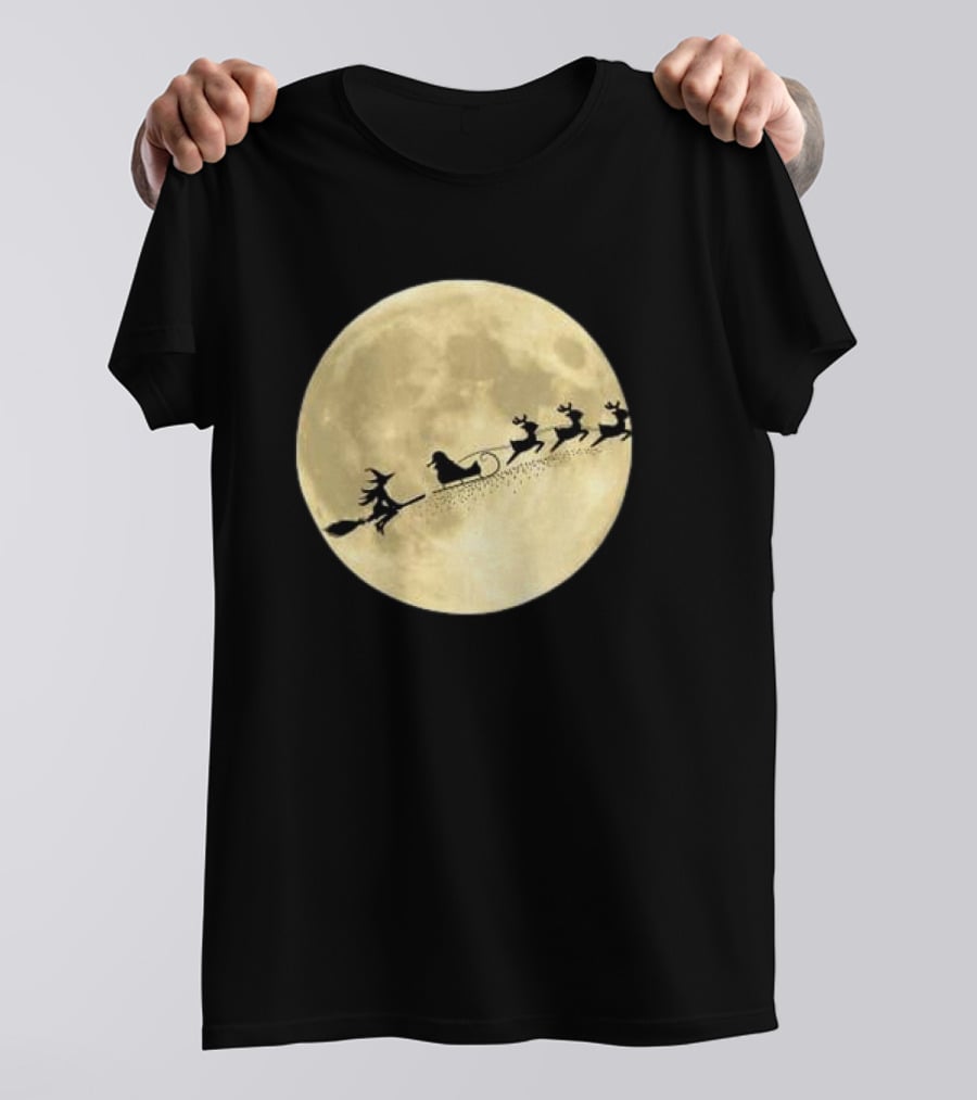 Witch Riding With Santa's Sleigh In Full Moon Christmas Scene T-Shirt