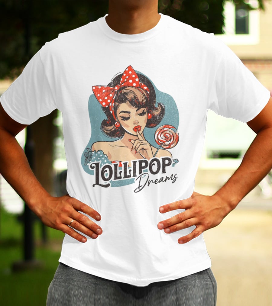 Lollipop Dreams Vintage Style Pinup Woman With Lollipop And Red Bow T-Shirt