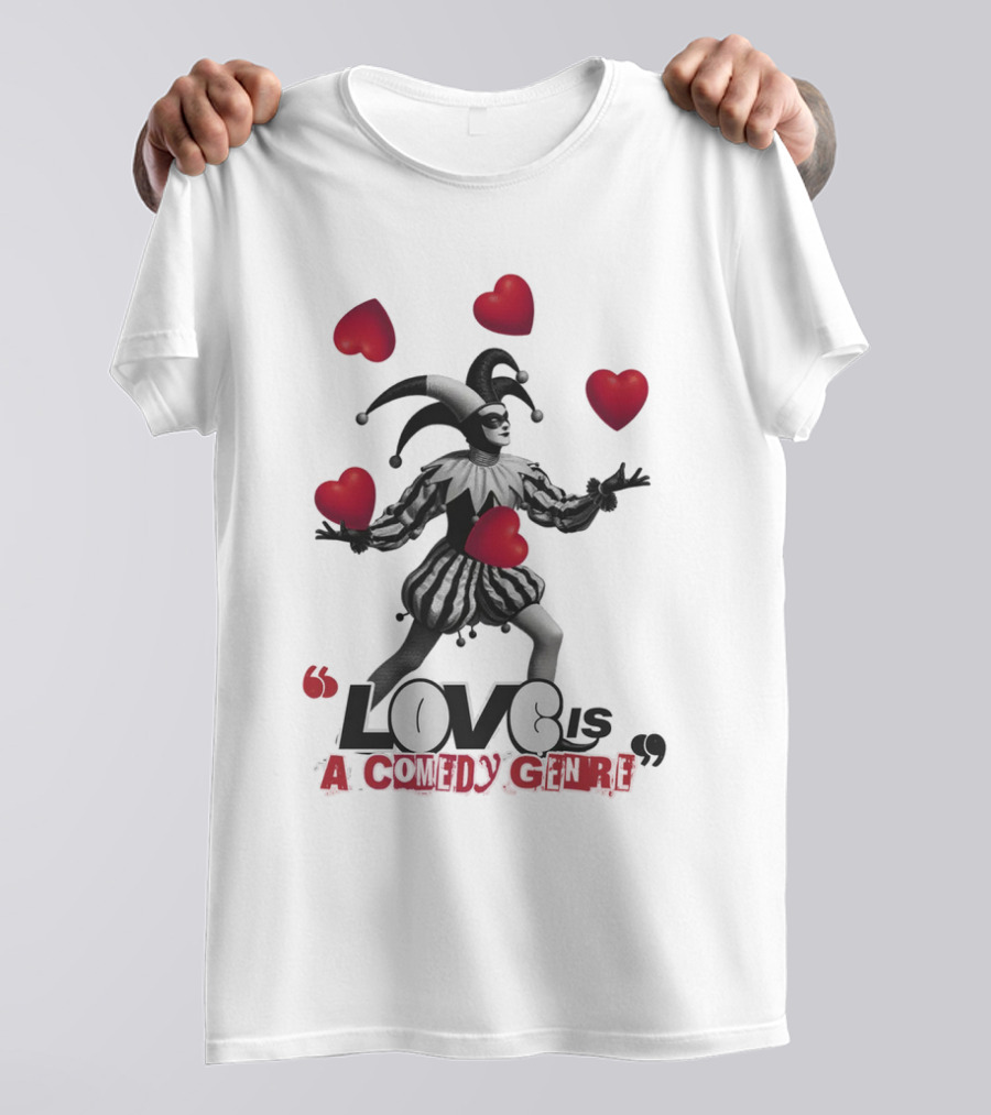 Love Is A Comedy Genre Jester And Hearts Motif T-Shirt