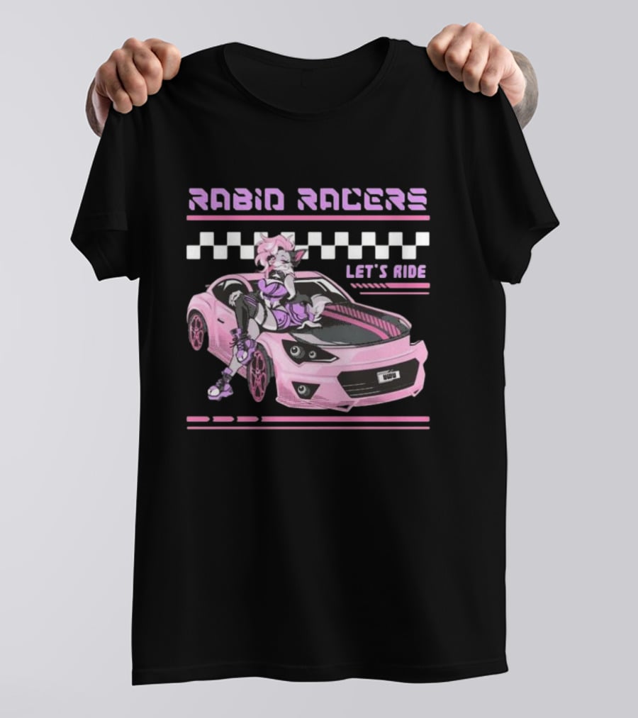 Rabid Racers Let’s Ride Pink Anime Style Racer Girl With Wufu License Plate T-Shirt