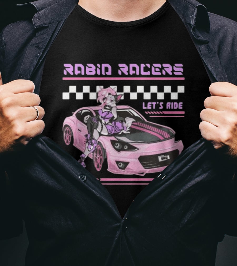 Rabid Racers Let’s Ride Pink Anime Style Racer Girl With Wufu License Plate T-Shirt