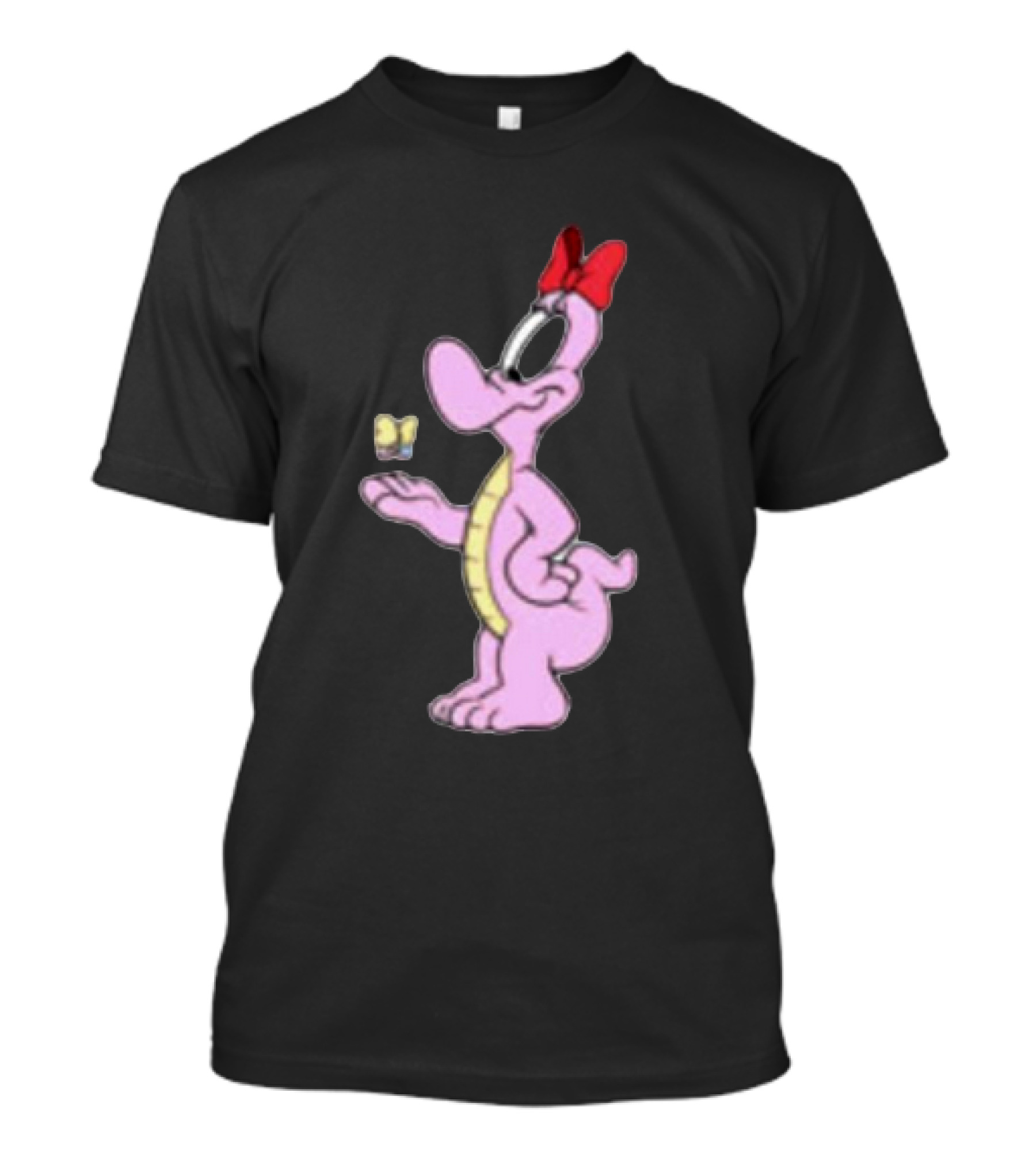 Pink Cartoon Dinosaur With Red Bow And Butterfly T-Shirt
