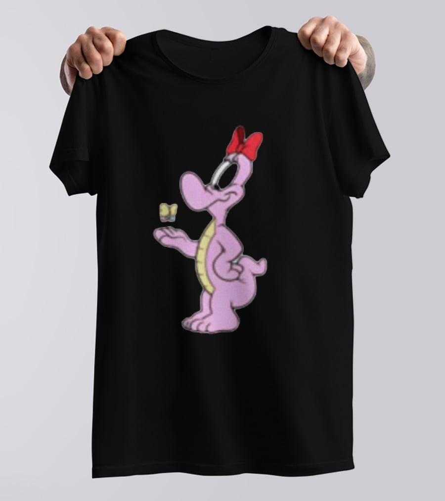 Pink Cartoon Dinosaur With Red Bow And Butterfly T-Shirt