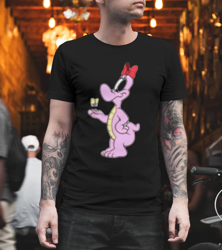 Pink Cartoon Dinosaur With Red Bow And Butterfly T-Shirt