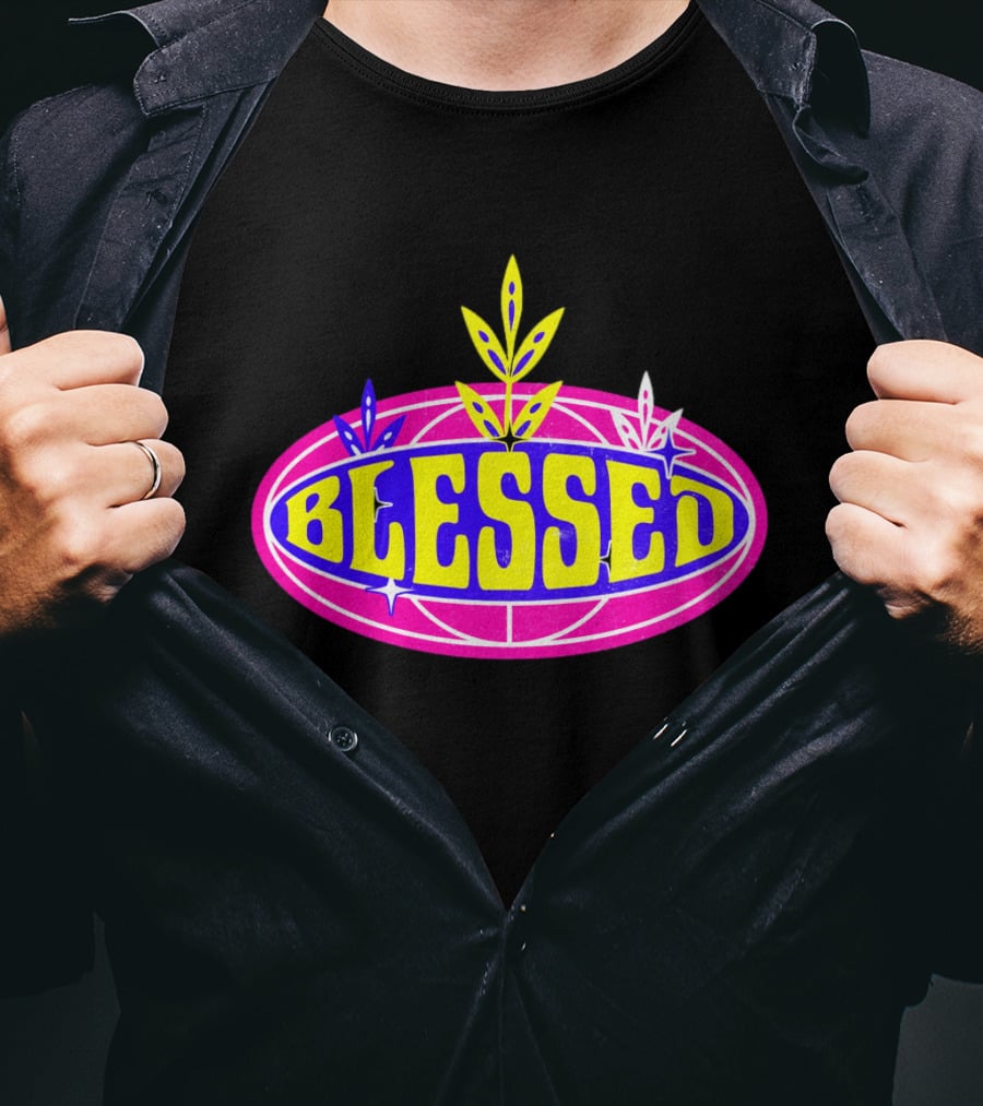 Blessed Vibrant Retro Style Oval Emblem With Leaves T-Shirt