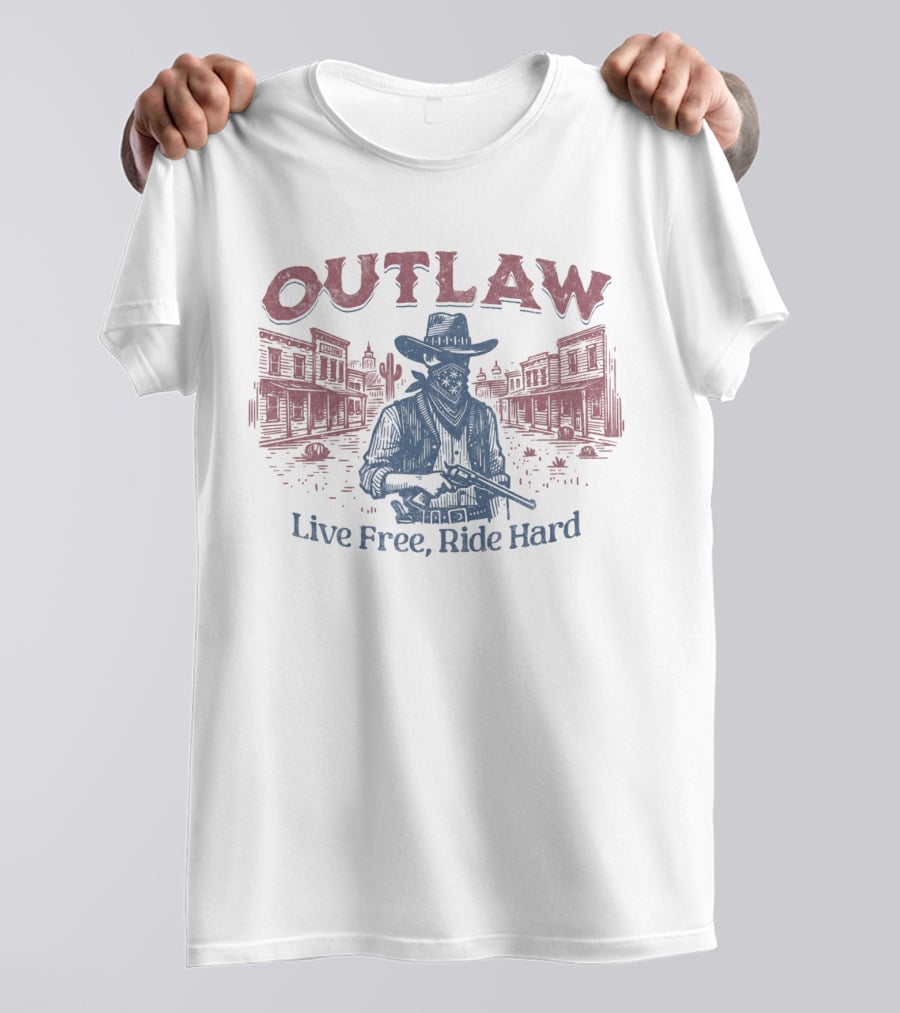 OUTLAW Live Free, Ride Hard Cowboy Western Scene T-Shirt