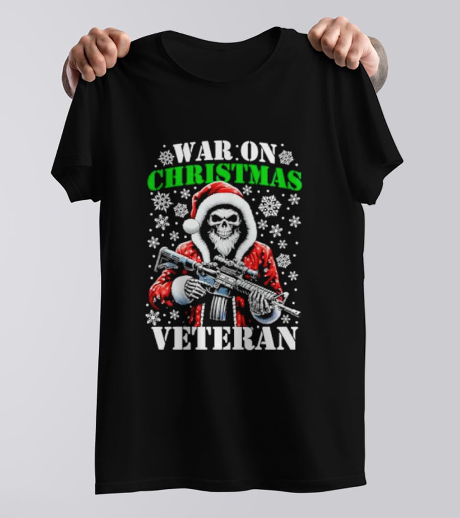 War On Christmas Veteran Skeleton Santa With Gun Snowflakes T-Shirt
