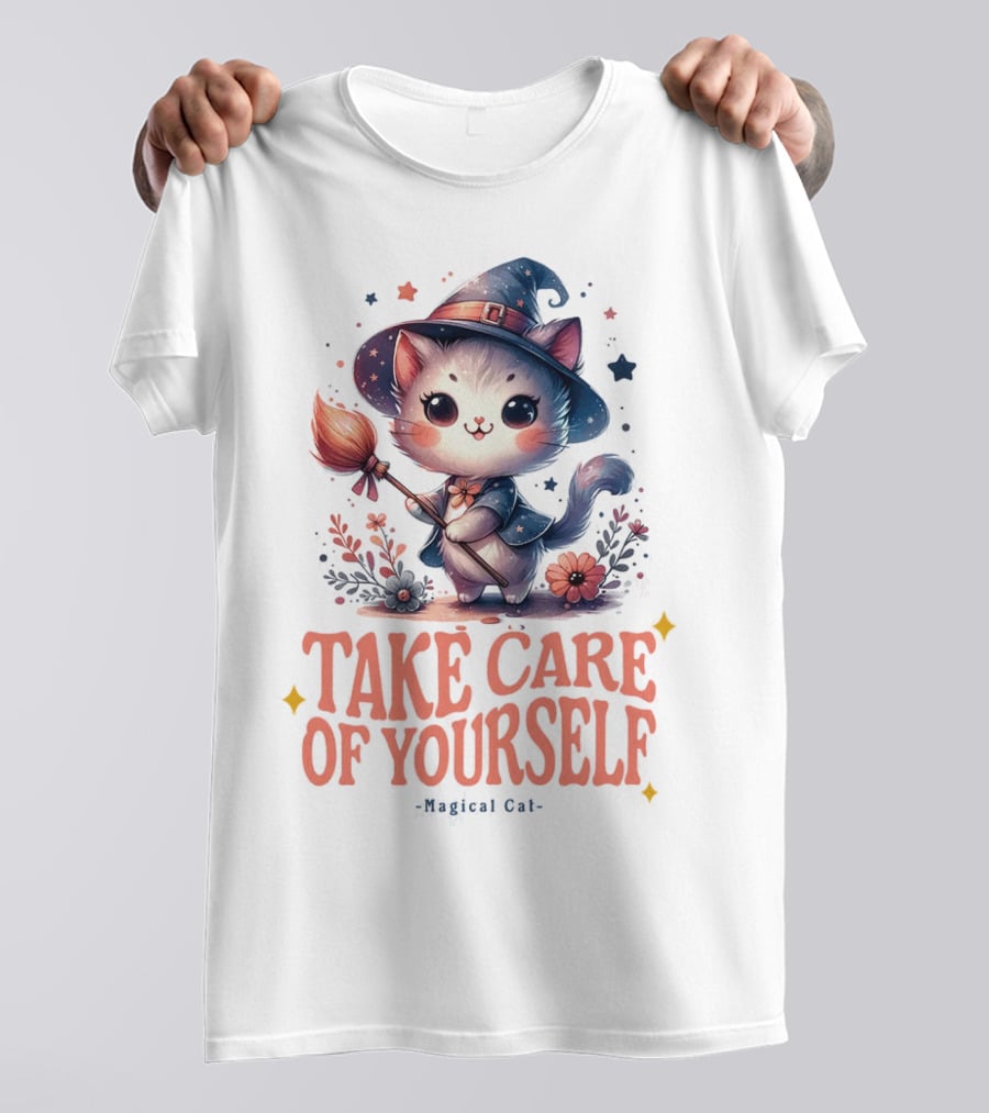 Take Care Of Yourself Magical Cat Wizard Hat Broomstick T-Shirt