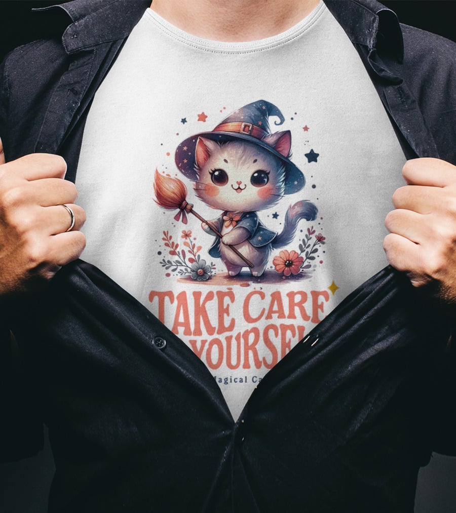 Take Care Of Yourself Magical Cat Wizard Hat Broomstick T-Shirt