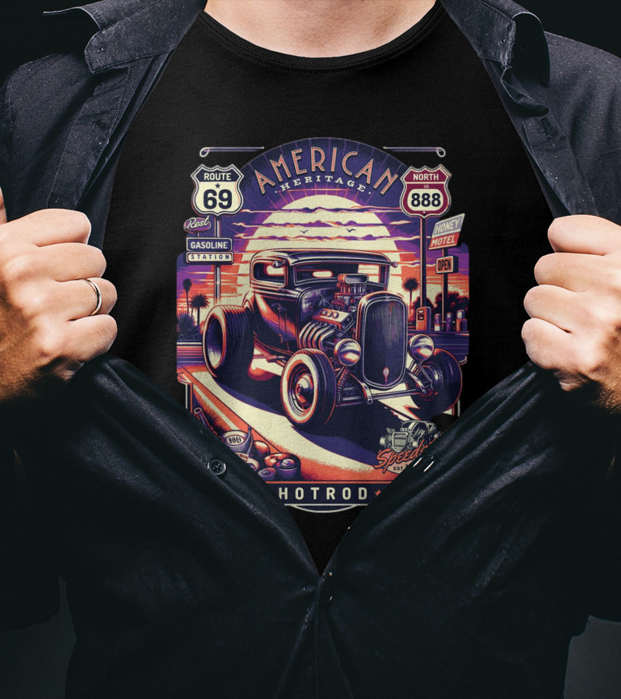 American Heritage Route 69 Hotrod Speedster Gasoline Motel T-Shirt